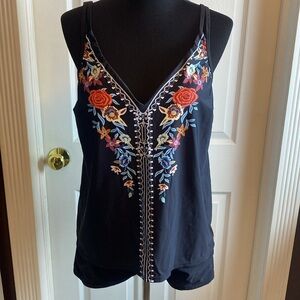 Black Floral Print Tankini Top & Shorts 2 Piece Swimsuit Sz L NWOT